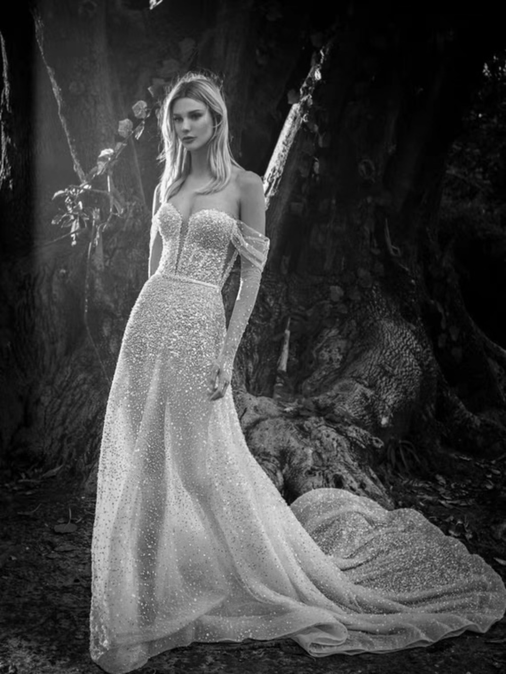 Strapless Off-Shoulder Sequin Evening Gown - Champagne